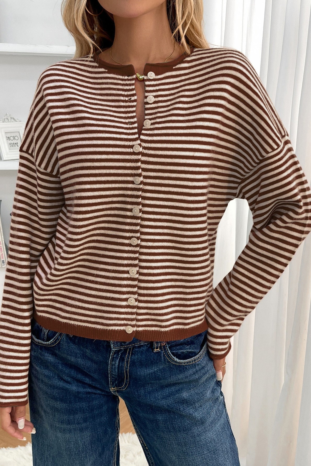 Striped Knit Round Neck Cardigan