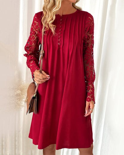 Lace Sleeve Dress with Pleated Detail