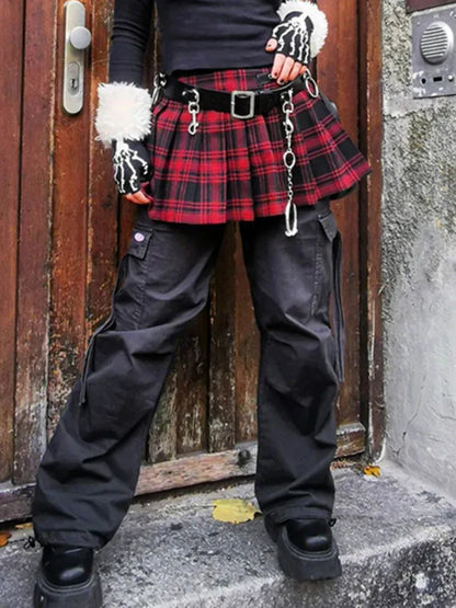 90s Grunge Streetwear Plaid Mini Gothic Eyelet Strap Pleated Y2k Techwear A-line Skirt