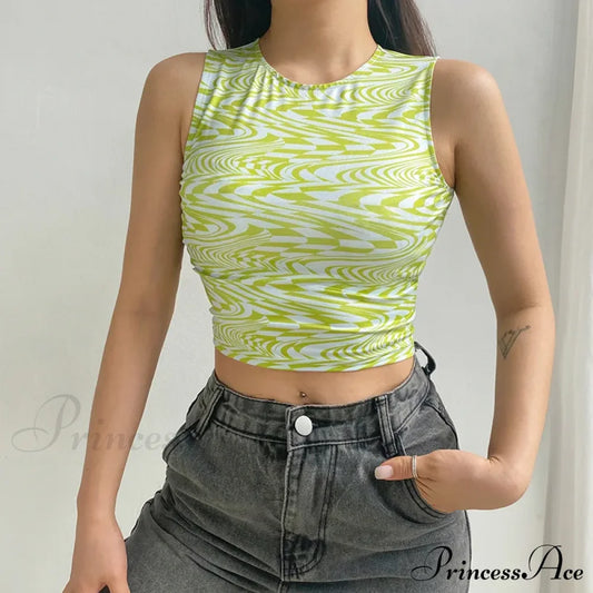 90S Aesthetics Striped Print Crops Summer Streetwear Sleeveless O-Neck Green Baby Women 2024 Vests