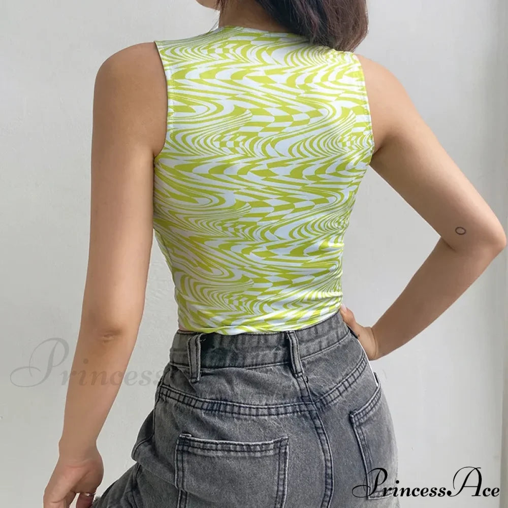 90S Aesthetics Striped Print Crops Summer Streetwear Sleeveless O-Neck Green Baby Women 2024 Vests