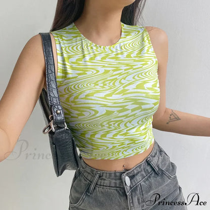 90S Aesthetics Striped Print Crops Summer Streetwear Sleeveless O-Neck Green Baby Women 2024 Vests