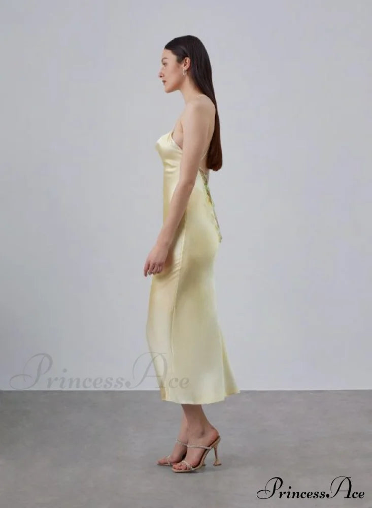 90S Forever Cowl Neck Graceful Maxi Silk Slip Dress 30 Days / 2 Xs Yellow