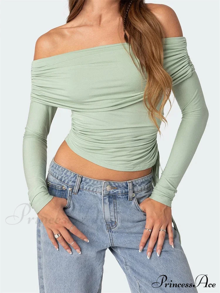 90S Off Shoulder Long Sleeve Slim Fitretro Ruched Tie Up T-Shirts