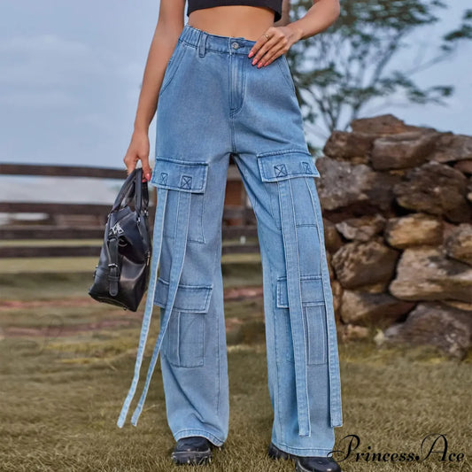 90S Streetwear Blue Cargo Casual Big Pockets Overalls High Waist Straight Denim Jean