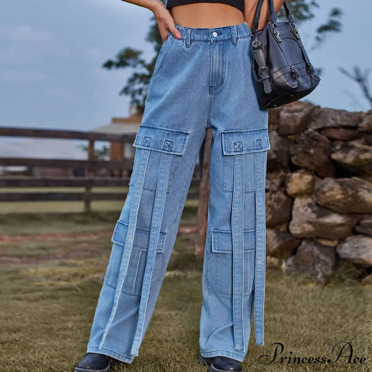 90S Streetwear Blue Cargo Casual Big Pockets Overalls High Waist Straight Denim Jean / S