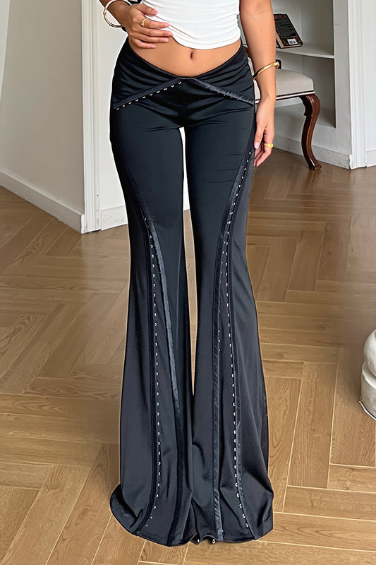 Hook Detail Fold Waist Flare Pants