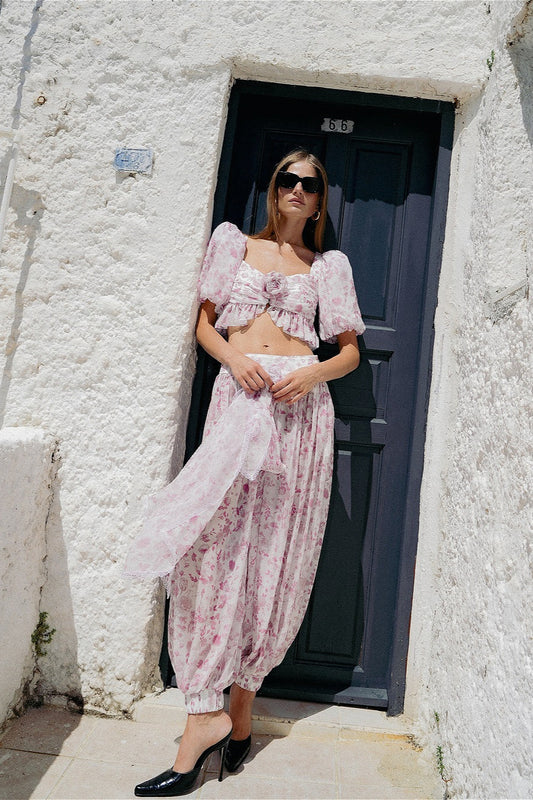 Pink White Floral Puff Sleeve Top Lantern Pants Two Piece Set