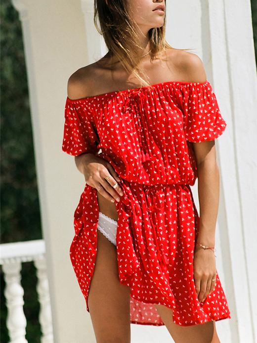 Summer Floral Printed Off-The-Shoulder Short Sleeves Mini Dress - Red Dresses