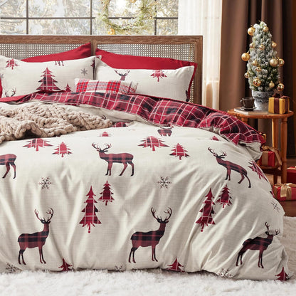 Christmas Duvet Cover Queen - Reversible Buffalo Check Printed Plaid - Includes 1 Duvet Cover and 2 Pillow Shams - Reindeer Design - Queen Size