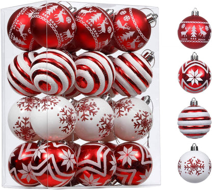 Shatterproof Red and White Christmas Ball Ornaments Set - 24ct