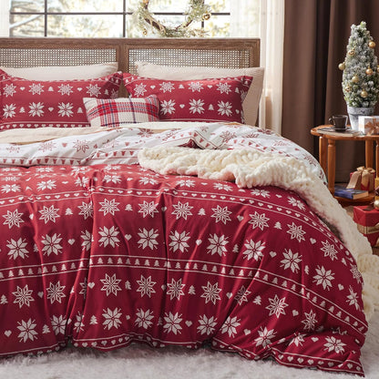 Christmas Duvet Cover Queen - Reversible Buffalo Check Printed Plaid - Includes 1 Duvet Cover and 2 Pillow Shams - Reindeer Design - Queen Size