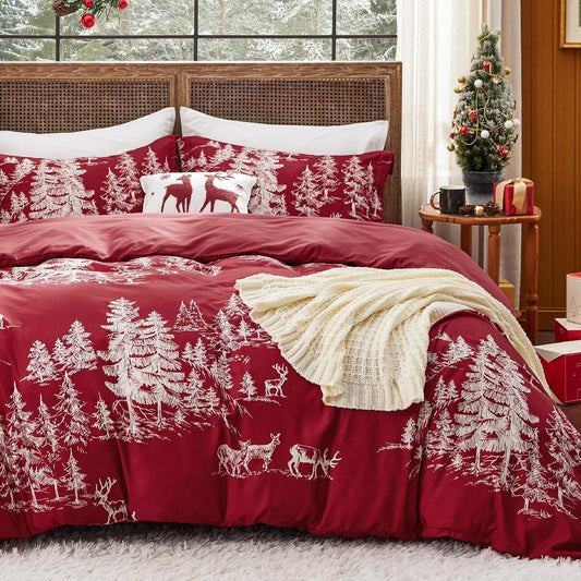 Red Forest Christmas Bedding Set - Queen Size - 5-Piece Set with Duvet Cover, Pillow Shams, Throw Blanket, and Decorative Pillow