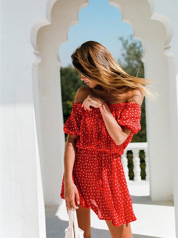 Summer Floral Printed Off-The-Shoulder Short Sleeves Mini Dress - Red Dresses