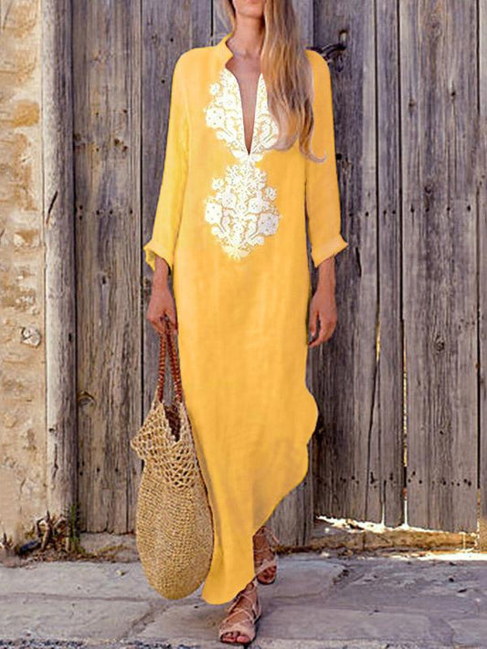 Yellow V-neck Maxi Dress with Long Sleeves and Split Sides