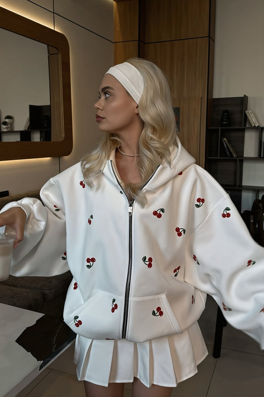 Cherry Print Oversized Zip Hoodie