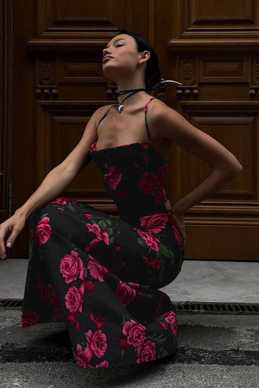 Sexy Floral Print Backless Tie Maxi Dress