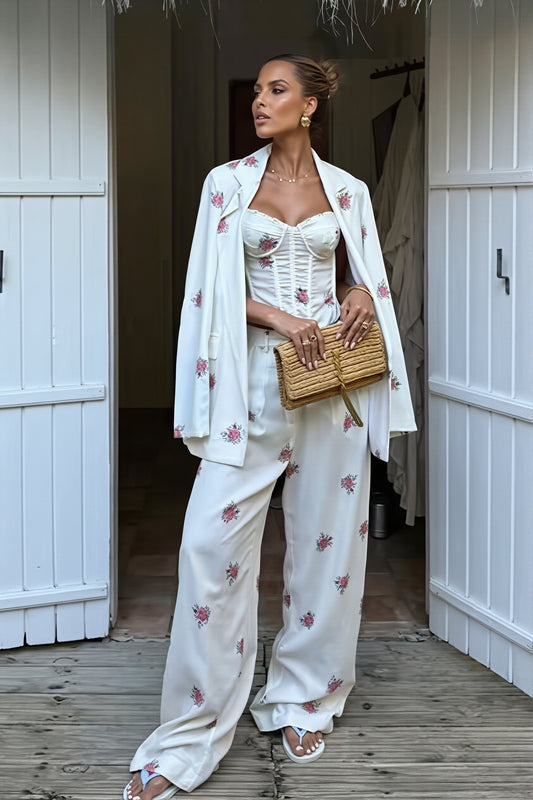 Floral Blazer Cami and Wide Leg Pants Set