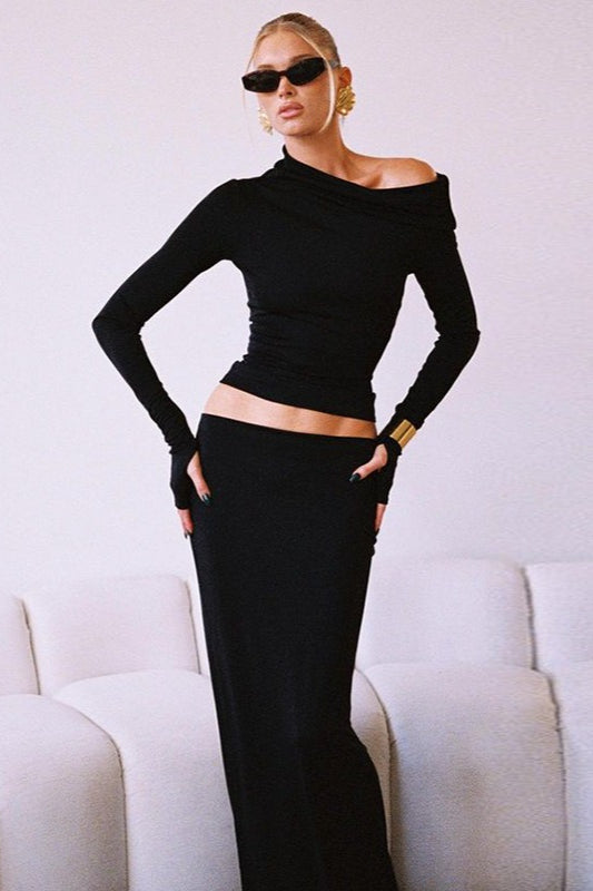 Off-Shoulder Long Sleeve Top & Maxi Skirt Set