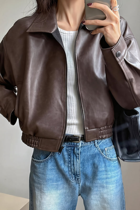 Relaxed Collared Zip Faux Leather Jacket