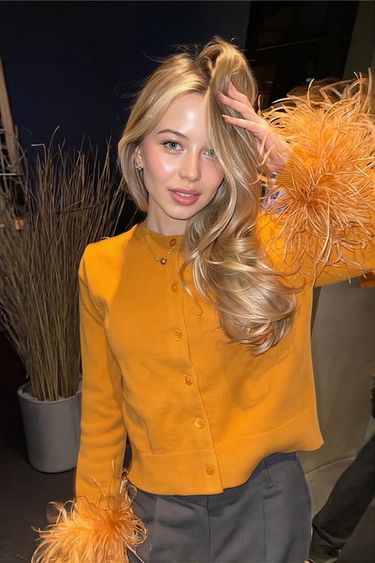 Feather Cuff Button Front Sweater