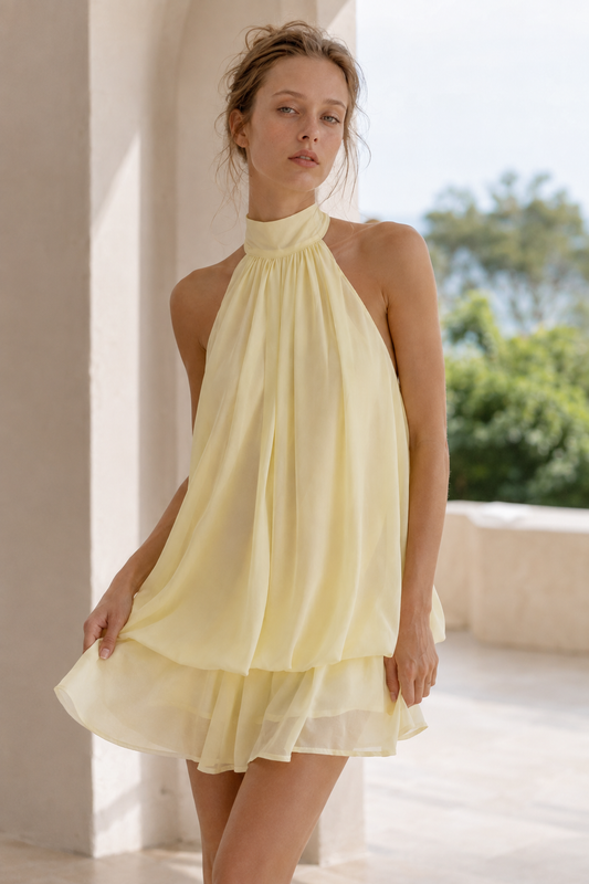 Sexy Backless Halter Tie Waist Slim Fit Ruffled Mini Dress