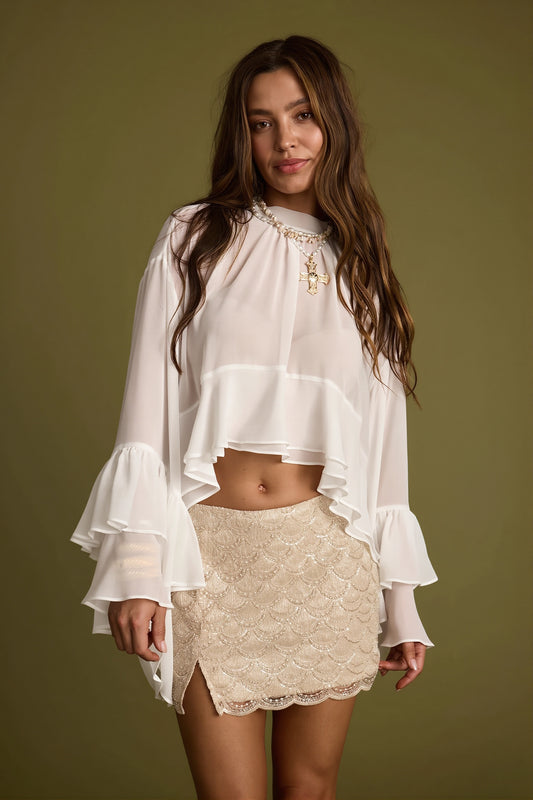 Cropped Ruffle Cape Sleeve Blouse