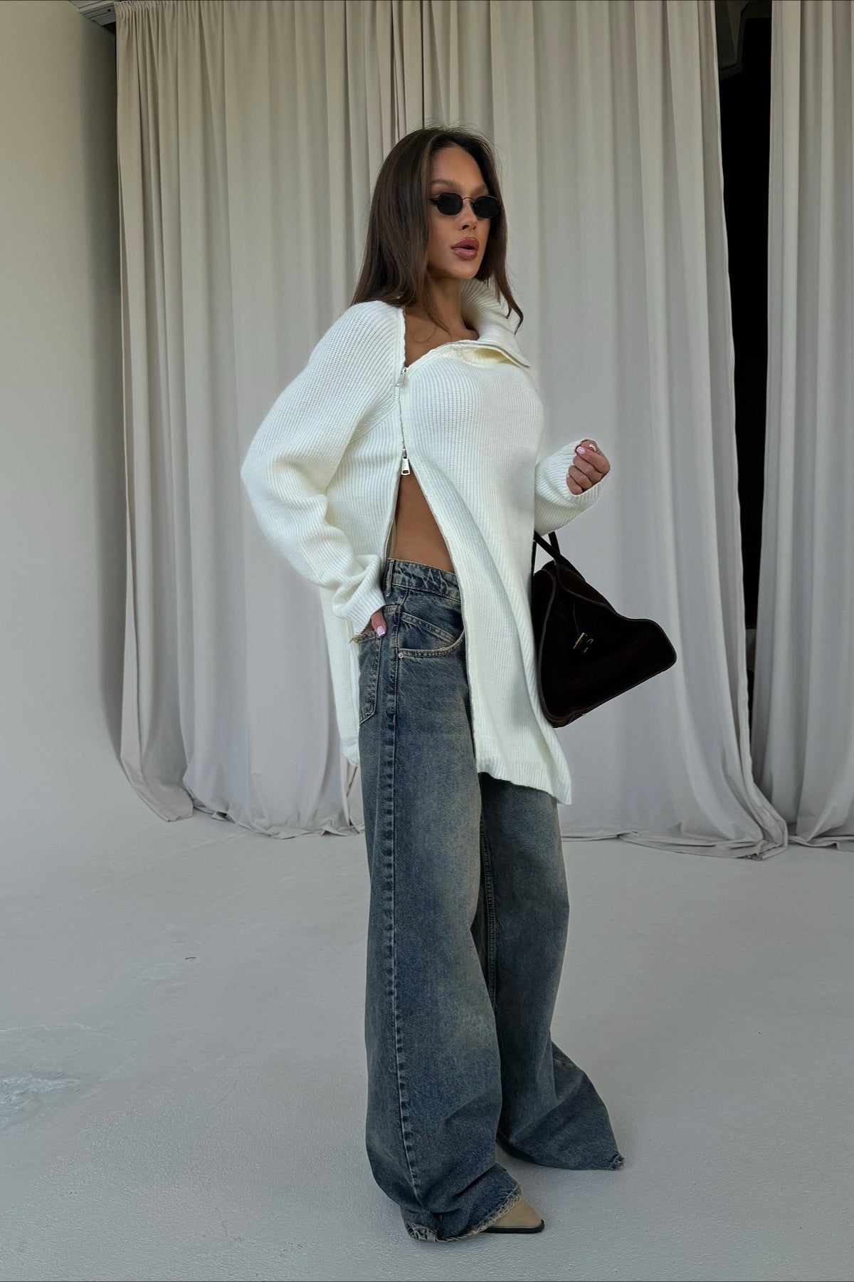 Irregular Zip High Neck Mid-Length Loose Sweater