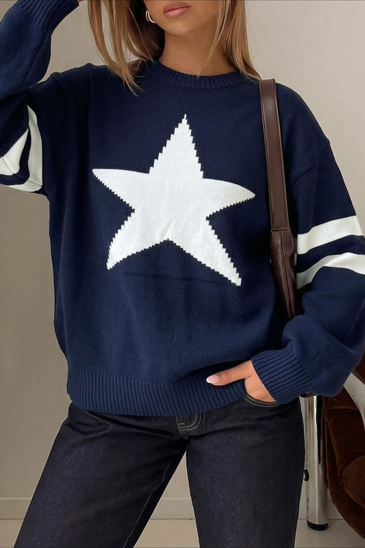 Star Motif Striped Sleeve Knit Sweater