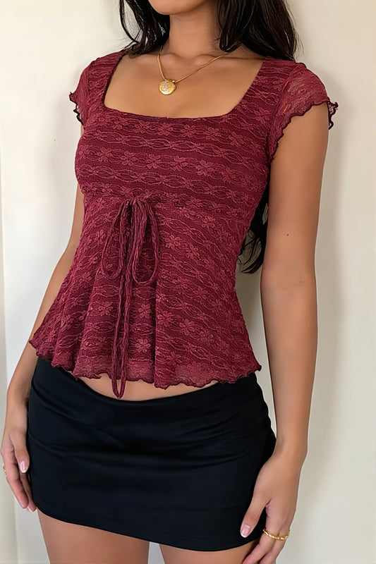 Lace Square Neck Tie Front Blouse