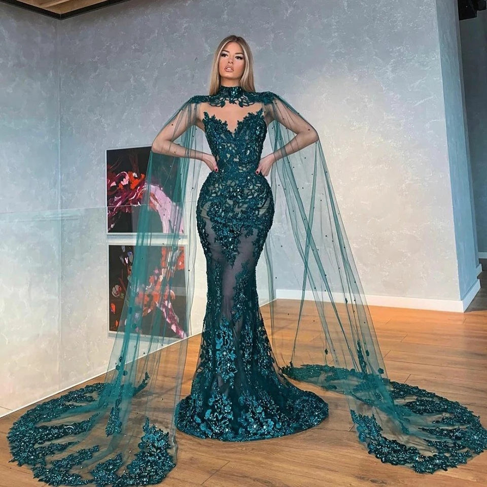 2024 Long Formal with Dark Lace Green Evening Mermaid - Gown Party New Cape Gown