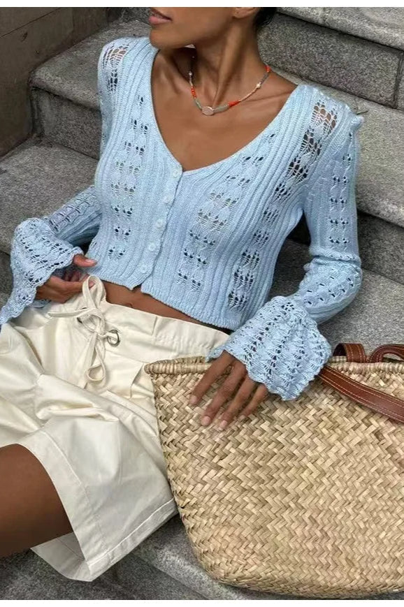 Hollow Out Knit V Neck Long Sleeve Cardigan