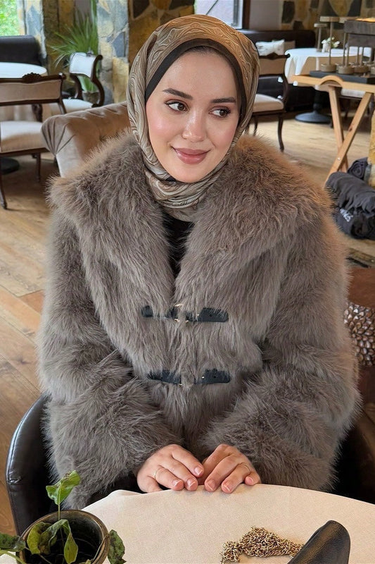 Toggle Front Wide Collar Faux Fur Coat