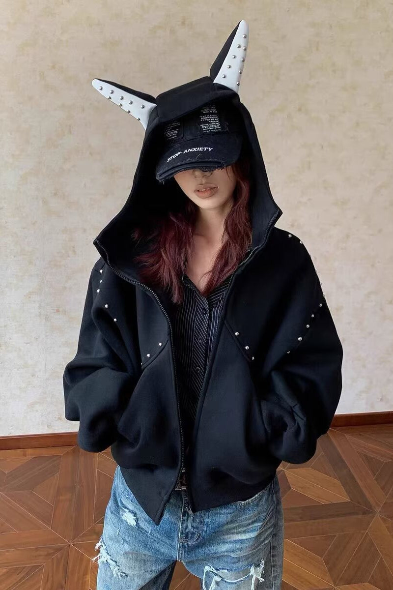 Doberman Ear Trimmed Rivet Patchwork Cropped Zip Hoodie Black / M