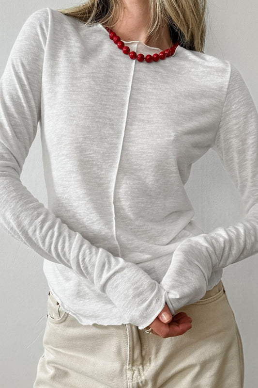 White Crew Neck Long-Sleeve Layering Knit Top