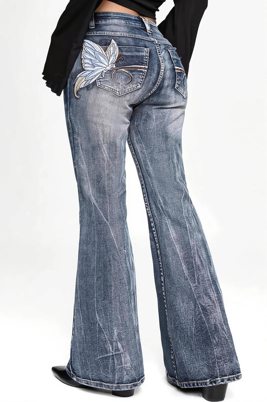 Vintage Butterfly Embroidered Flare Jeans