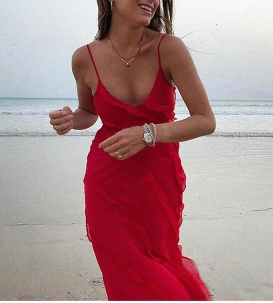 Elegant Ruffles Chiffon Backless Split Maxi Red Christmas Party Dress