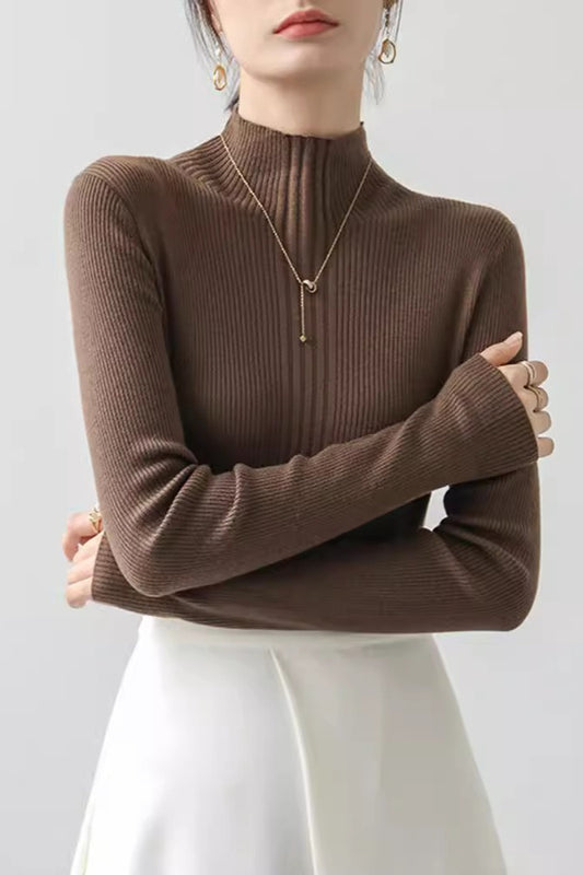 Elegant Apricot Mock Neck Long-Sleeve Pullover Knit Top