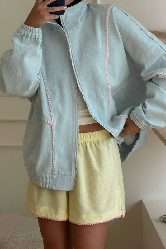 Contrast Trim Stand Collar Zip Bomber Jacket