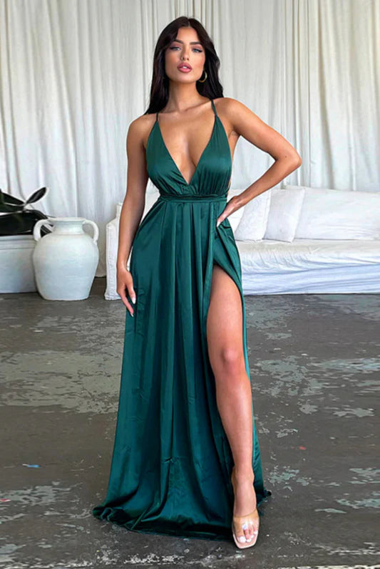 Satin V-Ausschnitt Taillenbetontes Schlitzkleid Partykleid