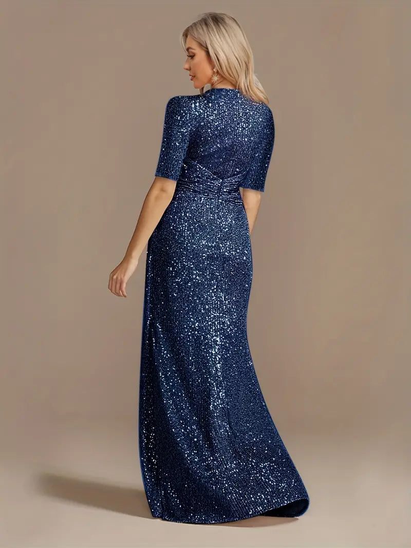 Royal Blue Sequin Short Sleeve Party Prom Dress