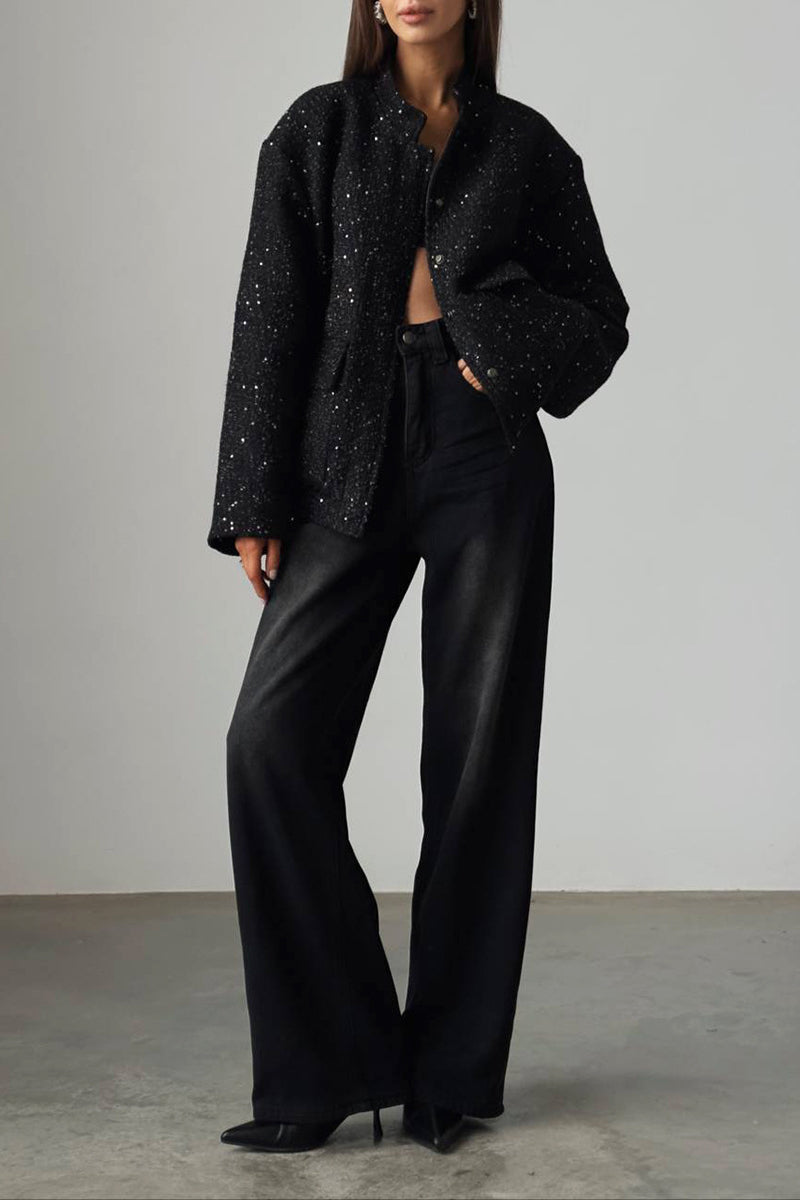 Sequin Stand Collar Pocket Jacket