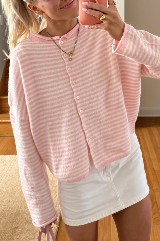 Stripe Roll Neck Button Casual Cardigan
