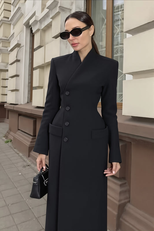 Sculpted High Neck Fitted Long Coat