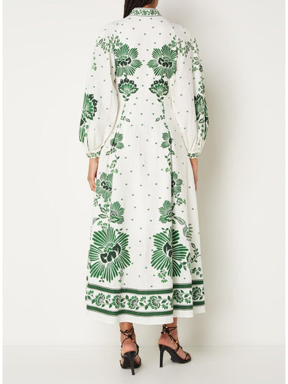 Vintage Floral Print Lantern Graceful Long Sleeve Midi Dress