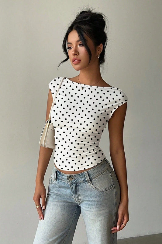 Polka Dot Boat Neck Open Back T-shirt