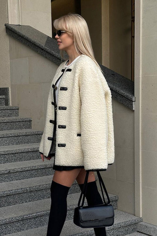solid color Sherpa Horn Button Minimalist Coat