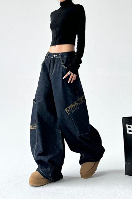 Leopard Spliced Vintage Wide Leg Jeans