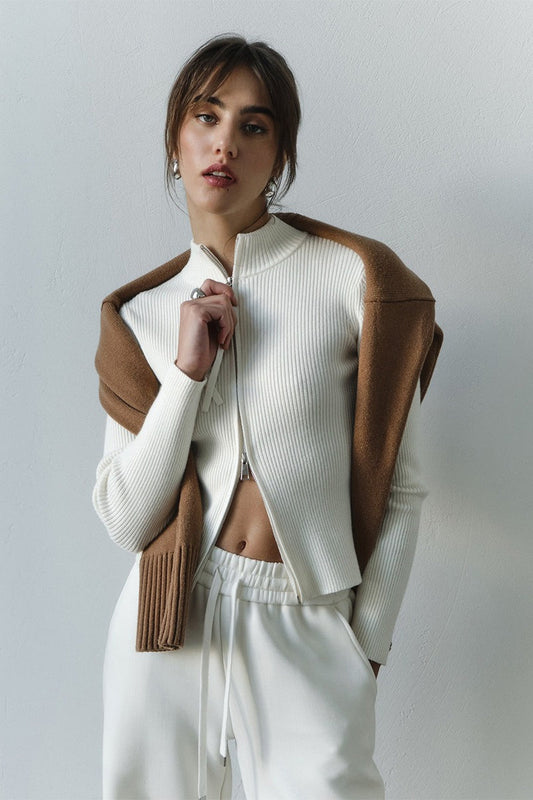 Knit Double Zipper Stand Collar  Blouse