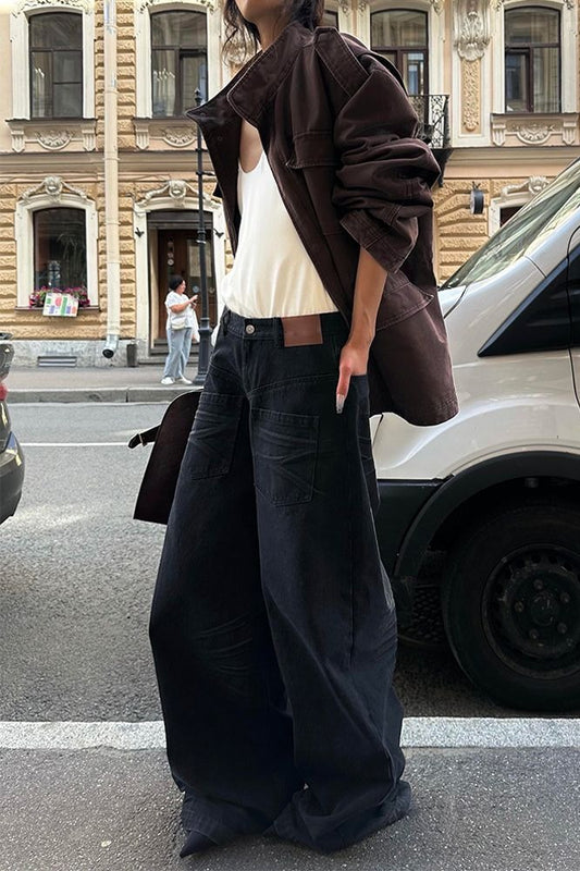 Vintage Washed Reverse Pocket Wide Leg Floor Jeans